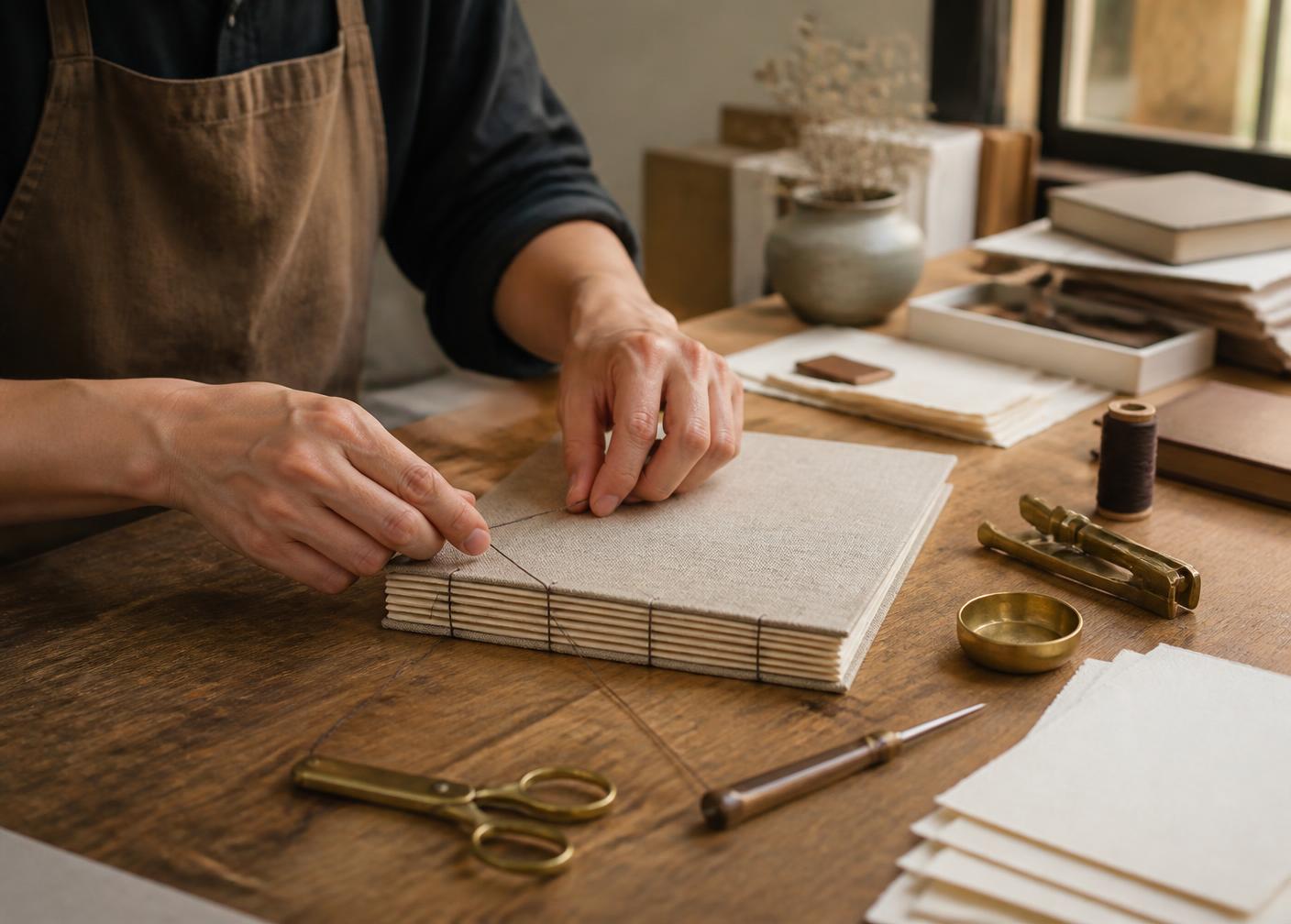 Hand binding a linen journal in the studio